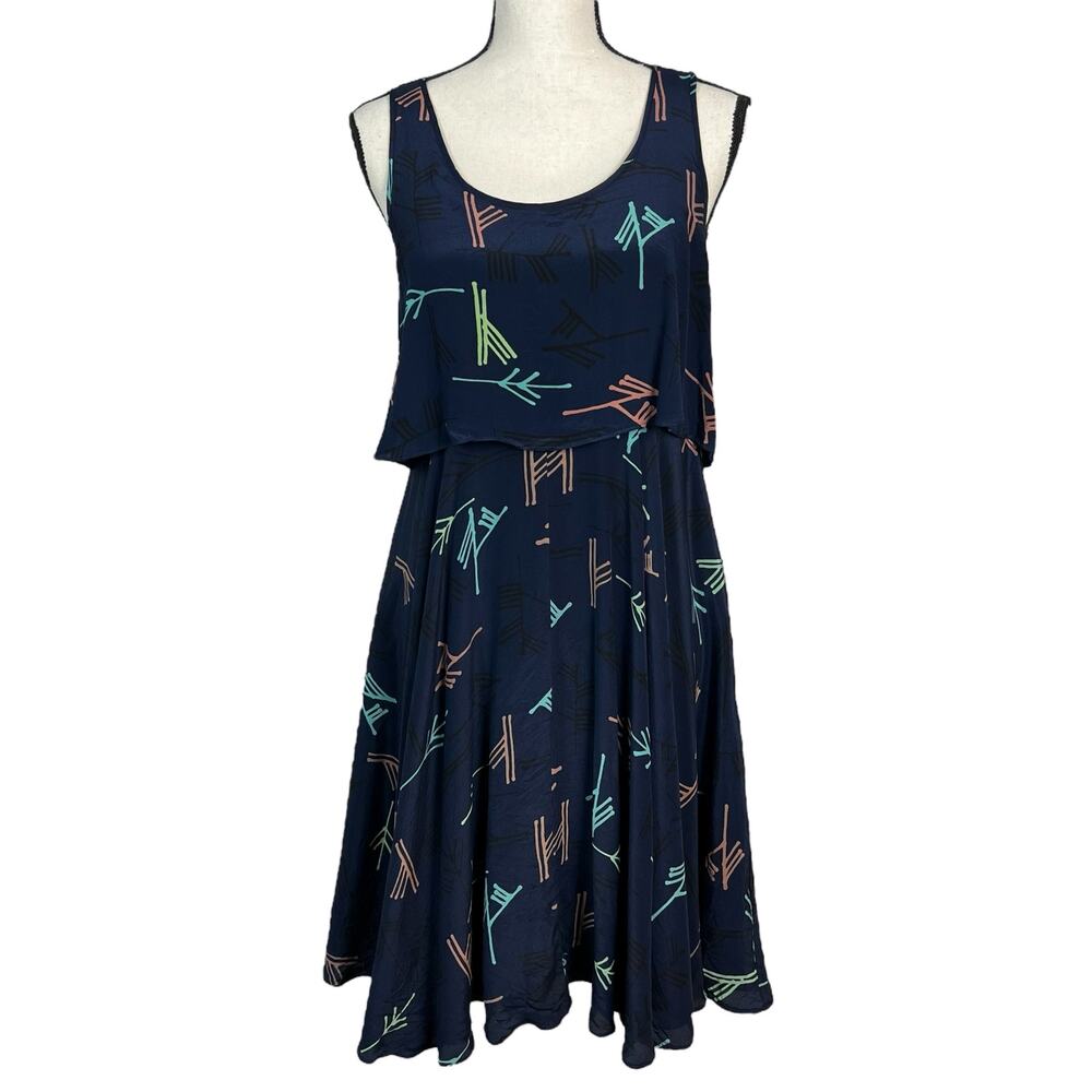 Anthropologie Sariah Silk Sleeveless Fit Flare Dress Navy Abstract Print Size S